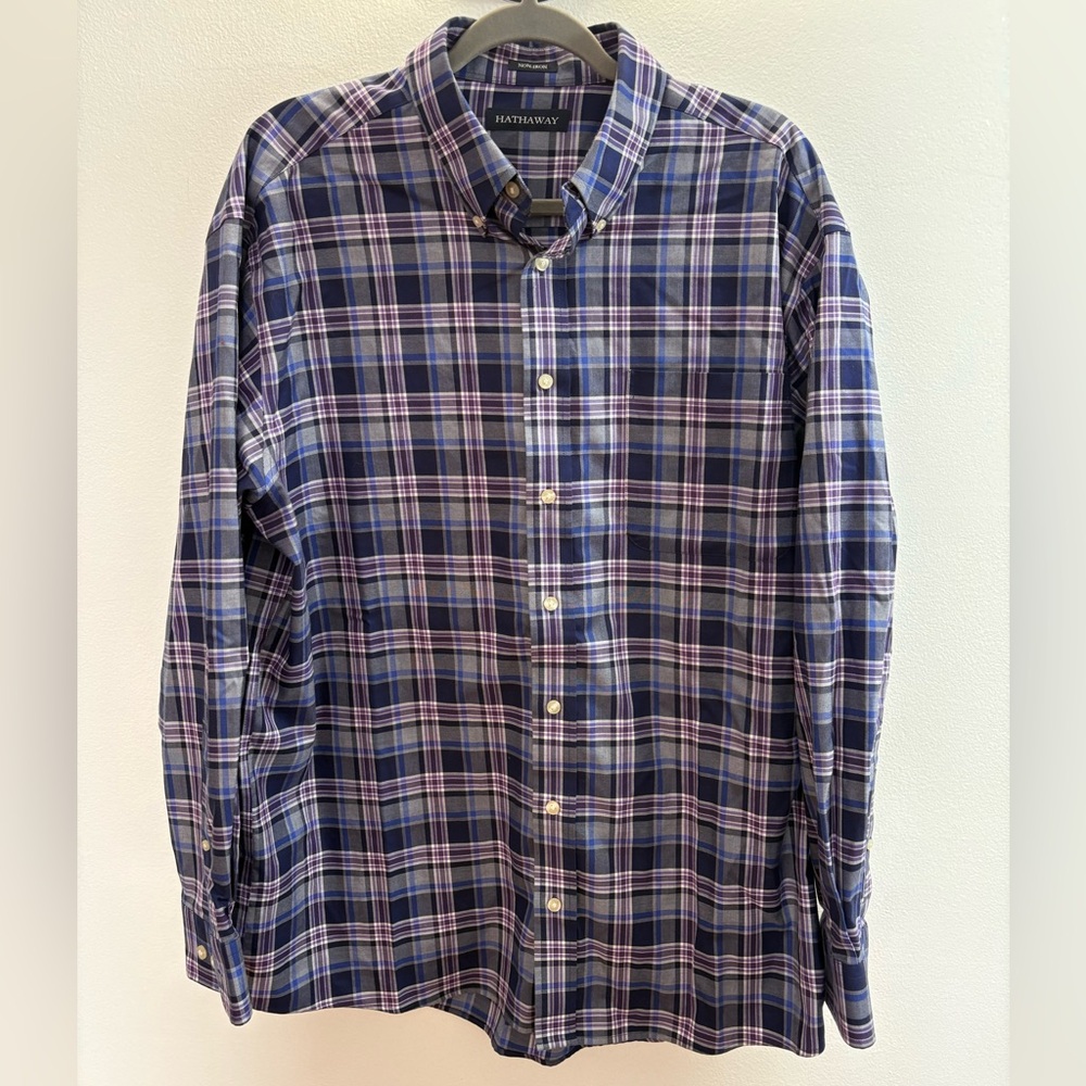 Hathaway Purple And Blue Plaid Button Down Shirt XL